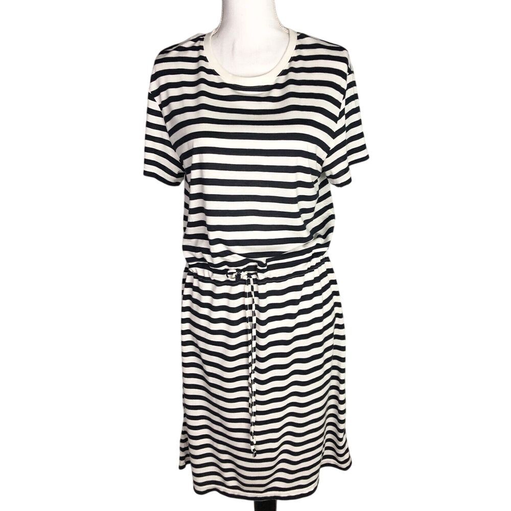 H&M BASIC Women's Black & White Striped Viscose‎ Short Sleeve Sheath Dress M Tie